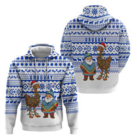 Uruguay Christmas Zip Hoodie with Santa Claus Rhea Bird Holiday Lights and Blue Geometric Pattern - Wonder Print Shop