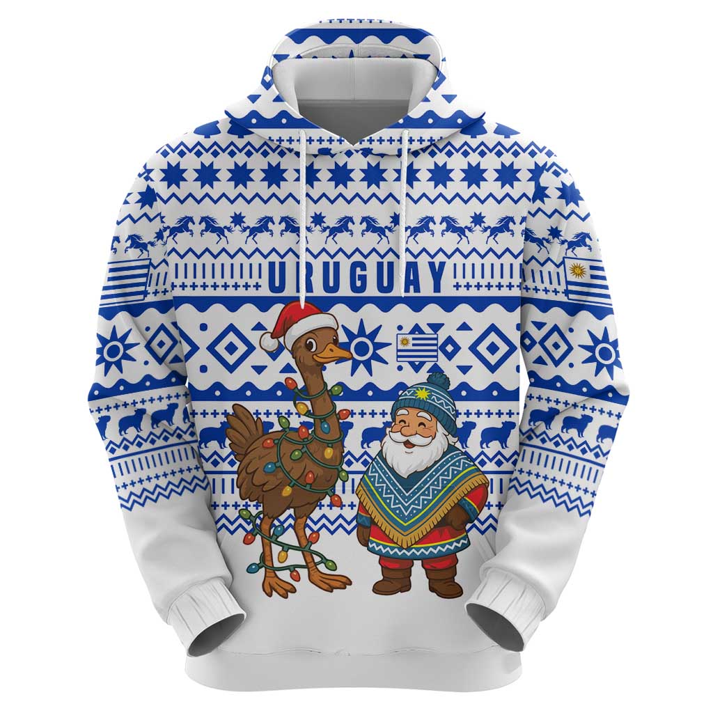Uruguay Christmas Zip Hoodie with Santa Claus Rhea Bird Holiday Lights and Blue Geometric Pattern - Wonder Print Shop