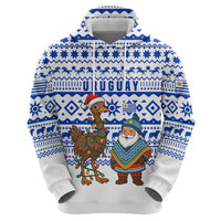 Uruguay Christmas Zip Hoodie with Santa Claus Rhea Bird Holiday Lights and Blue Geometric Pattern - Wonder Print Shop