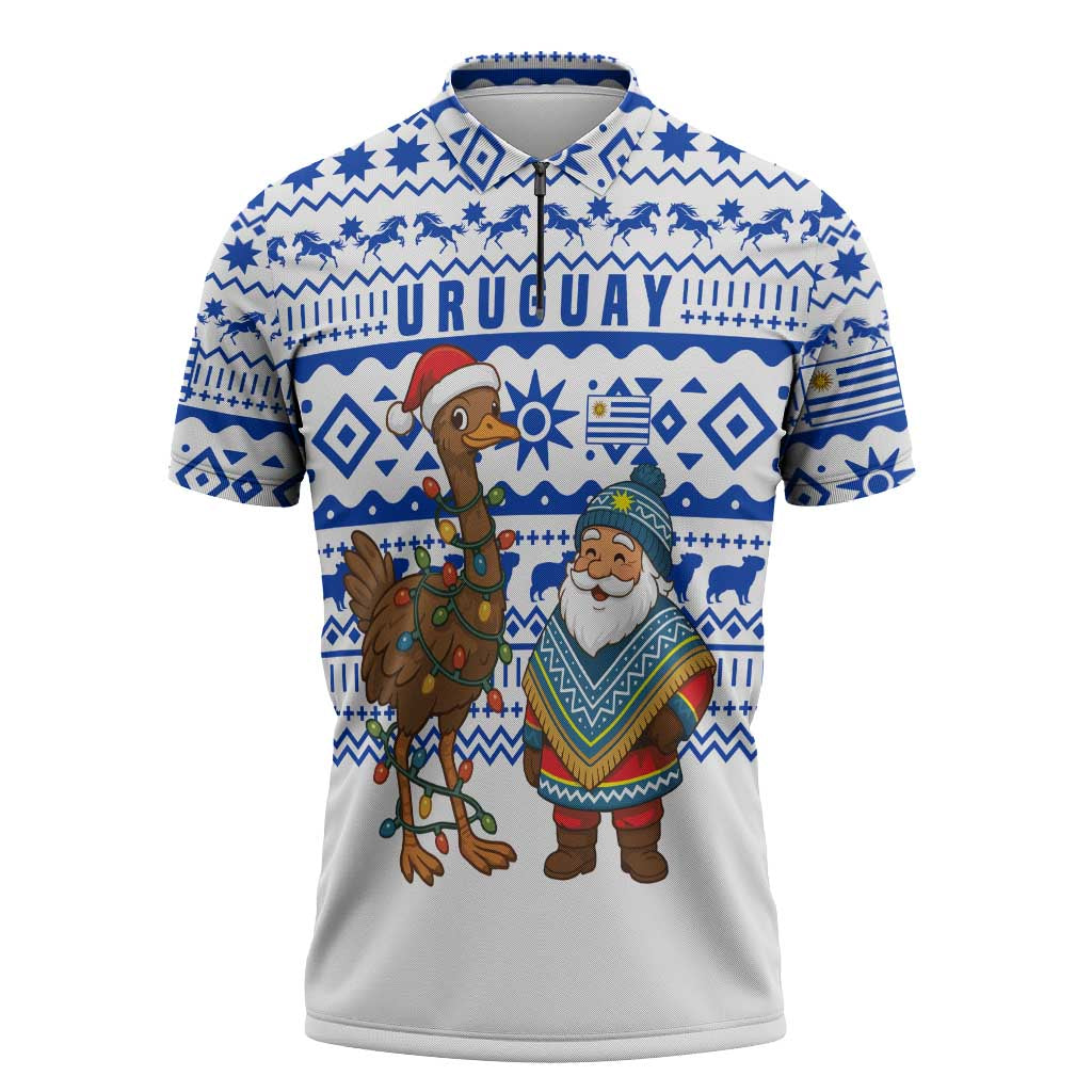 Uruguay Christmas Zipper Polo Shirt with Santa Claus Rhea Bird Holiday Lights and Blue Geometric Pattern - Wonder Print Shop