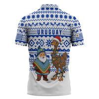 Uruguay Christmas Zipper Polo Shirt with Santa Claus Rhea Bird Holiday Lights and Blue Geometric Pattern - Wonder Print Shop
