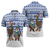 Uruguay Christmas Zipper Polo Shirt with Santa Claus Rhea Bird Holiday Lights and Blue Geometric Pattern - Wonder Print Shop