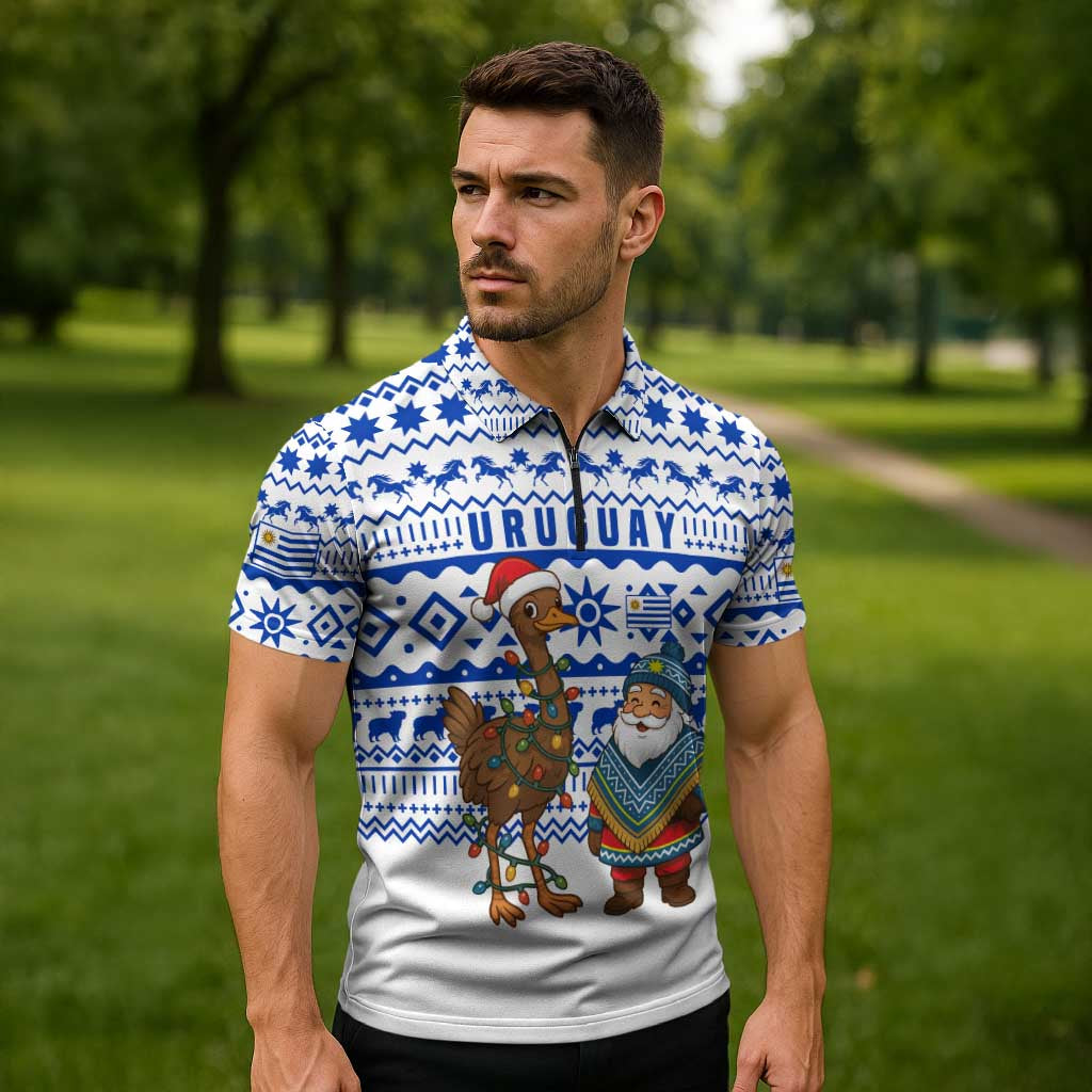 Uruguay Christmas Zipper Polo Shirt with Santa Claus Rhea Bird Holiday Lights and Blue Geometric Pattern - Wonder Print Shop