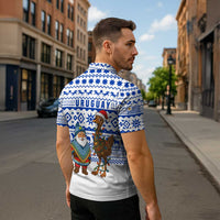 Uruguay Christmas Zipper Polo Shirt with Santa Claus Rhea Bird Holiday Lights and Blue Geometric Pattern - Wonder Print Shop