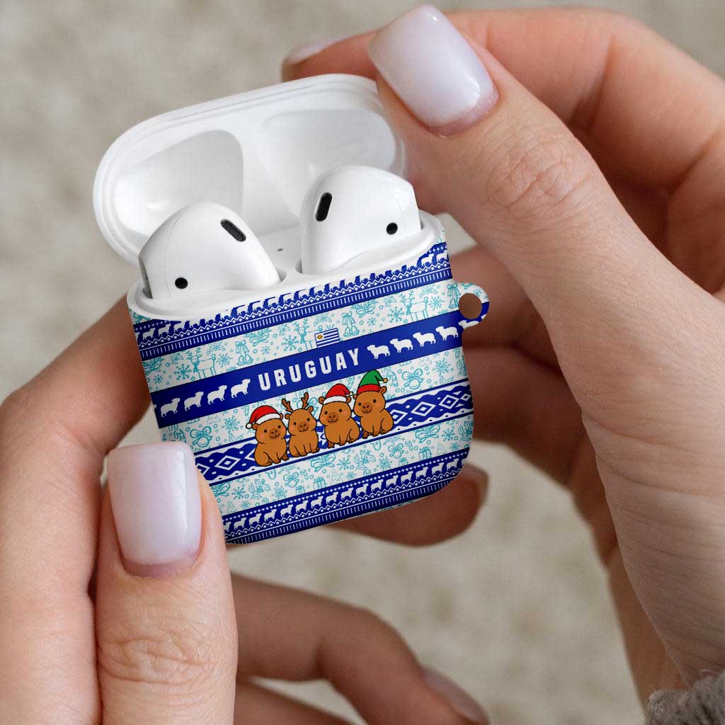 Uruguay Christmas AirPods Case with Capybaras Holiday Tree Sun Emblem and Blue Festive Pattern - Wonder Print Shop