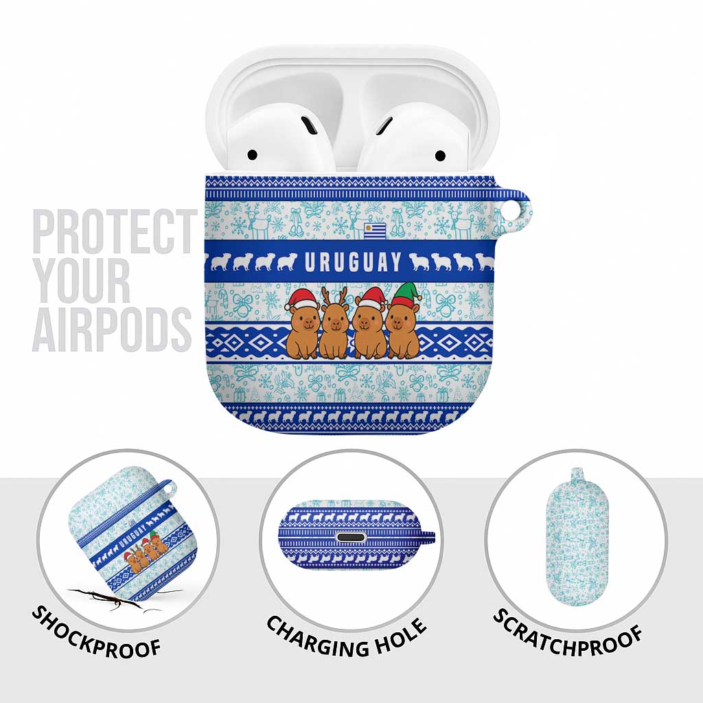 Uruguay Christmas AirPods Case with Capybaras Holiday Tree Sun Emblem and Blue Festive Pattern - Wonder Print Shop