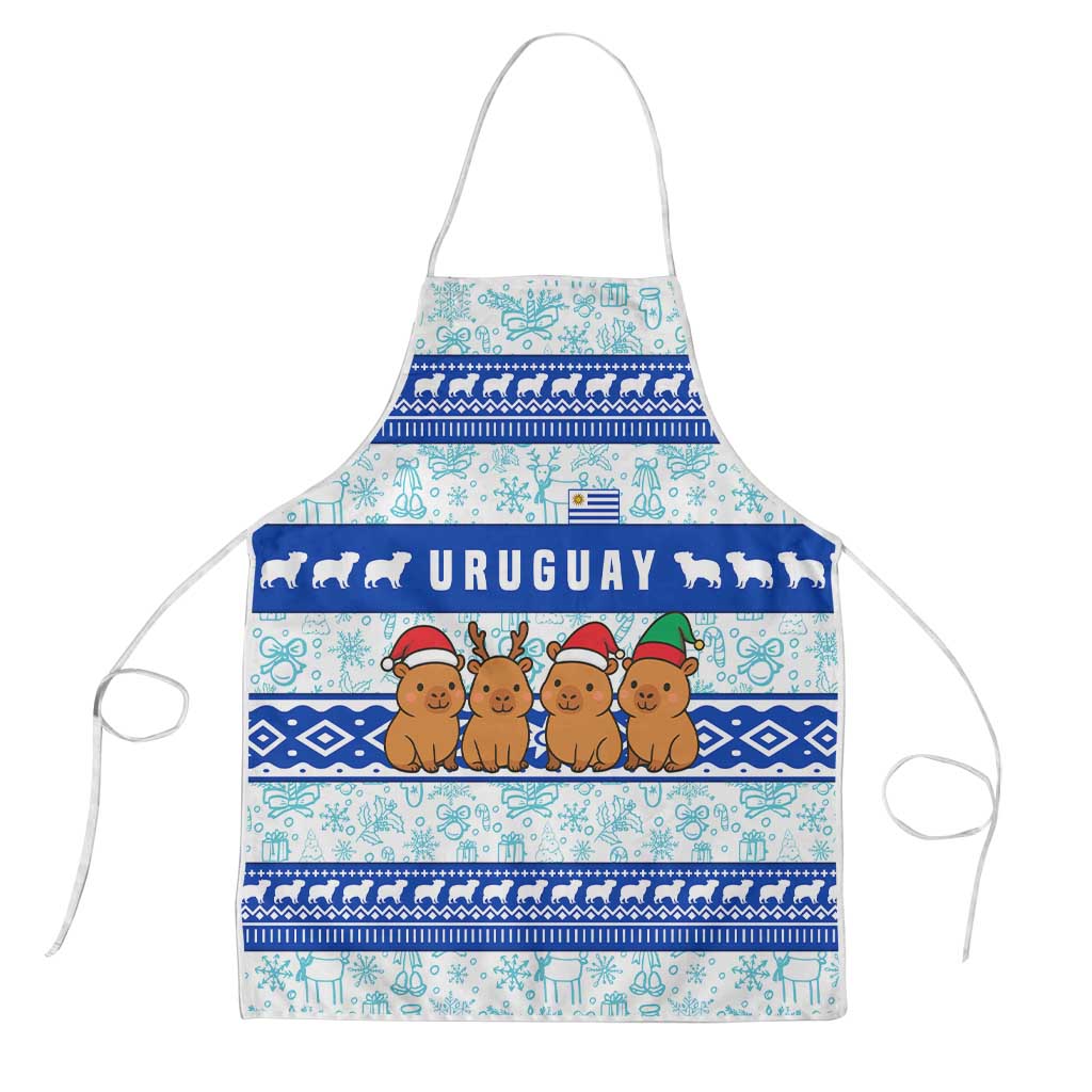 Uruguay Christmas Apron with Capybaras Holiday Tree Sun Emblem and Blue Festive Pattern - Wonder Print Shop