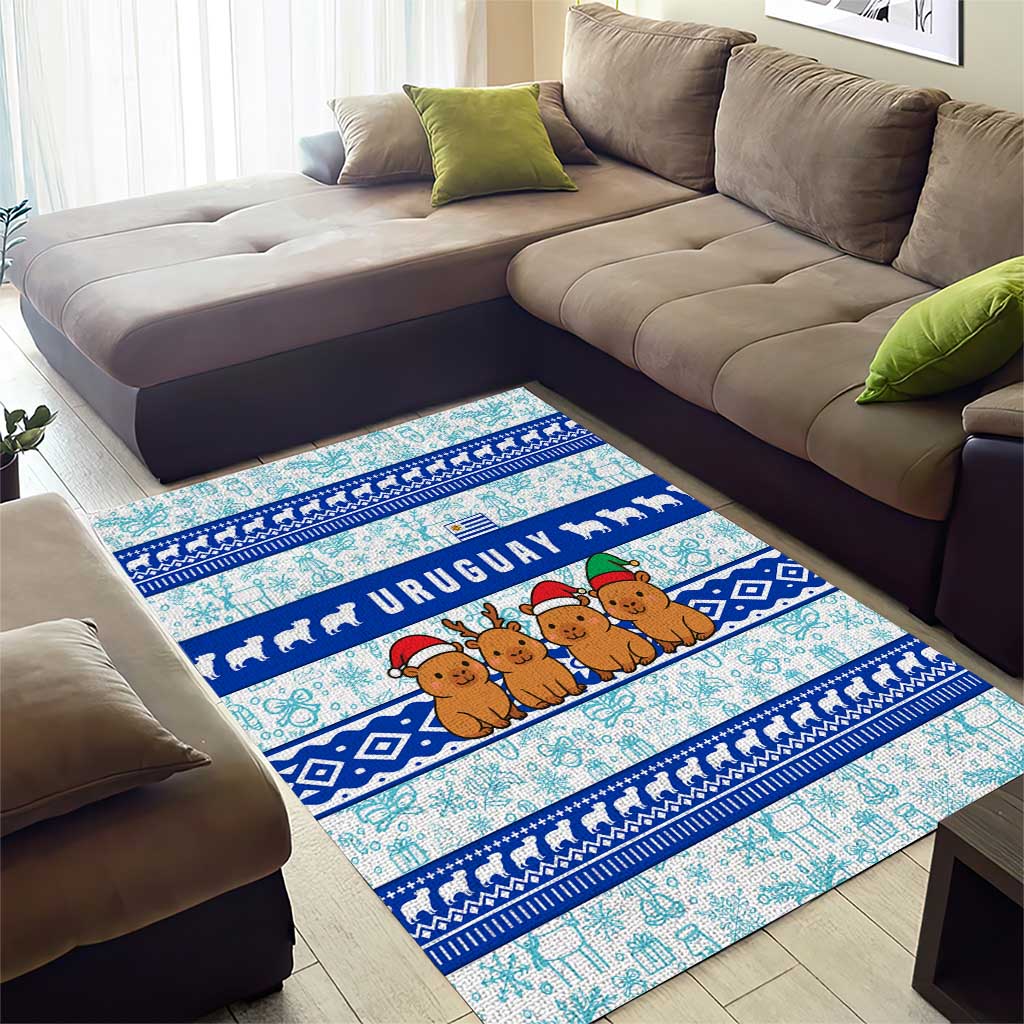 Uruguay Christmas Area Rug with Capybaras Holiday Tree Sun Emblem and Blue Festive Pattern - Wonder Print Shop