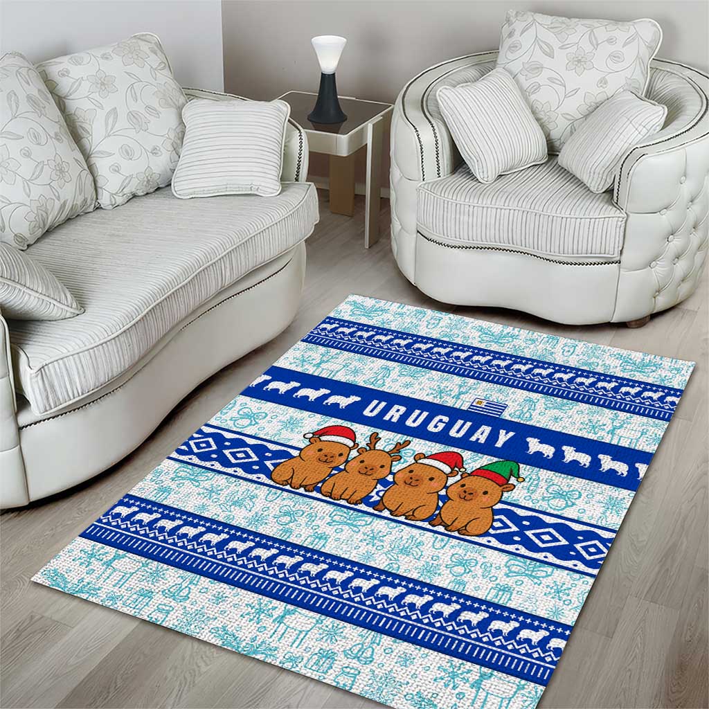 Uruguay Christmas Area Rug with Capybaras Holiday Tree Sun Emblem and Blue Festive Pattern - Wonder Print Shop
