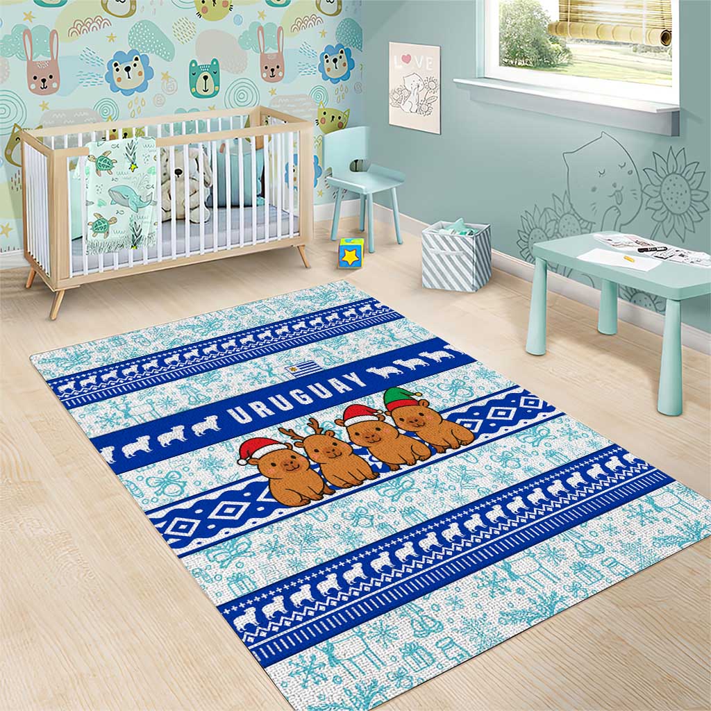 Uruguay Christmas Area Rug with Capybaras Holiday Tree Sun Emblem and Blue Festive Pattern - Wonder Print Shop
