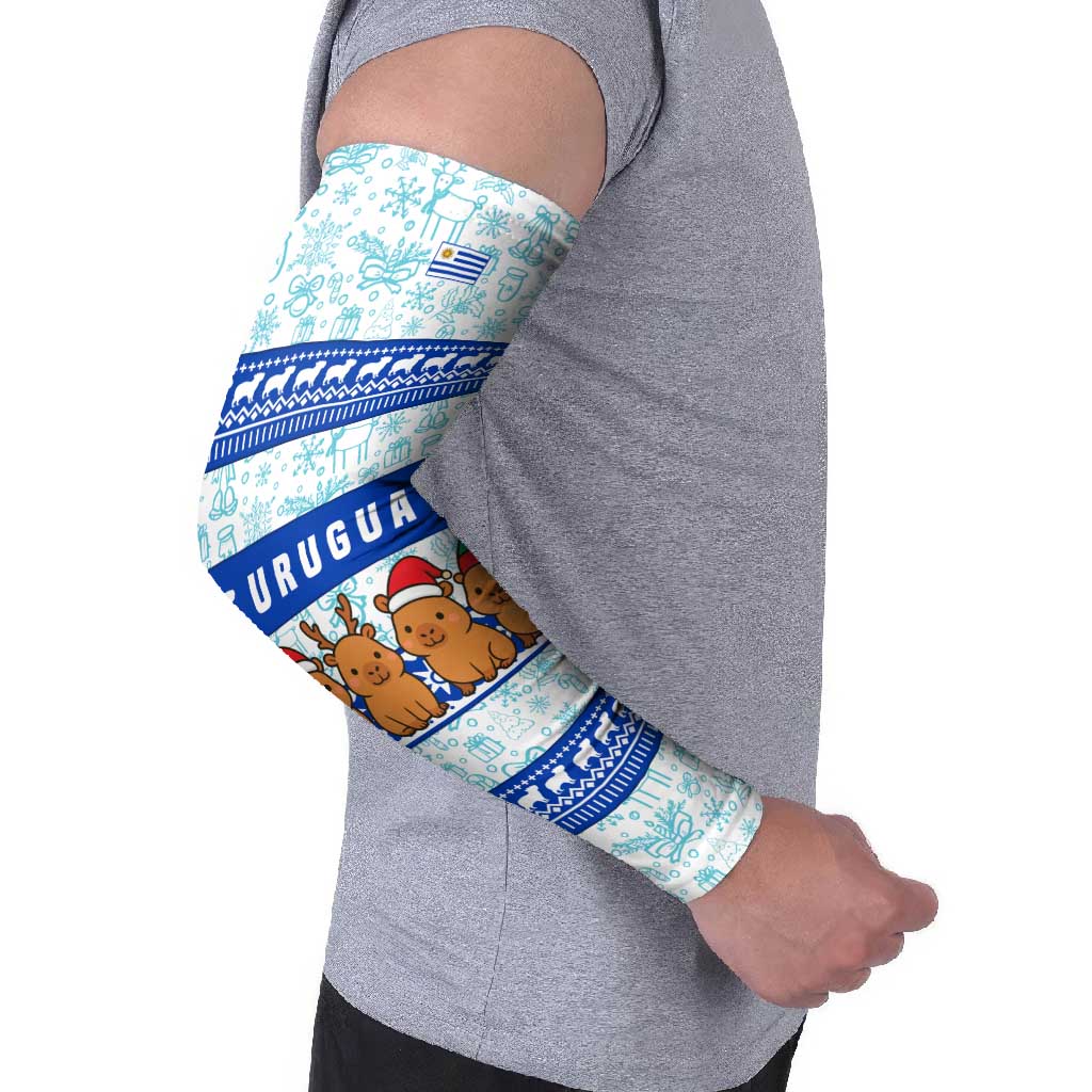 Uruguay Christmas Arm Sleeves with Capybaras Holiday Tree Sun Emblem and Blue Festive Pattern - Wonder Print Shop