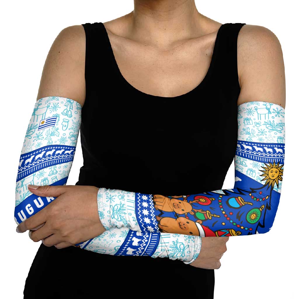 Uruguay Christmas Arm Sleeves with Capybaras Holiday Tree Sun Emblem and Blue Festive Pattern - Wonder Print Shop