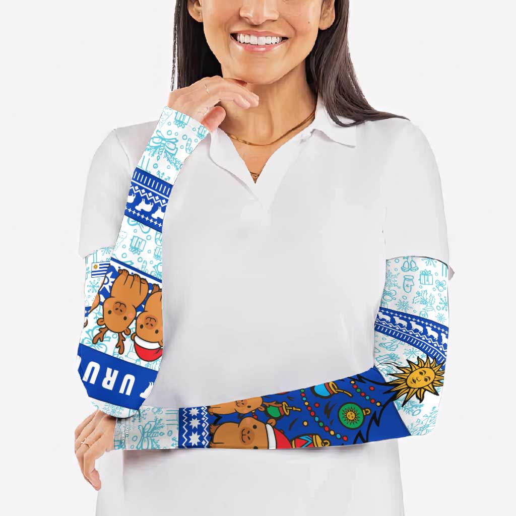 Uruguay Christmas Arm Sleeves with Capybaras Holiday Tree Sun Emblem and Blue Festive Pattern - Wonder Print Shop
