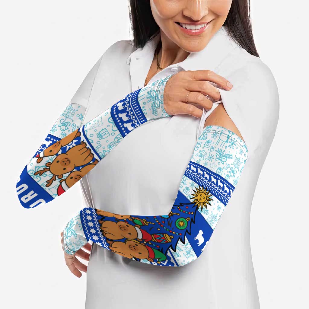 Uruguay Christmas Arm Sleeves with Capybaras Holiday Tree Sun Emblem and Blue Festive Pattern - Wonder Print Shop
