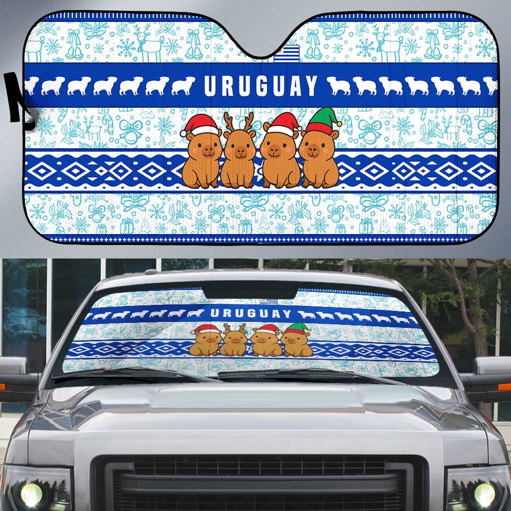 Uruguay Christmas Auto Sun Shade with Capybaras Holiday Tree Sun Emblem and Blue Festive Pattern - Wonder Print Shop