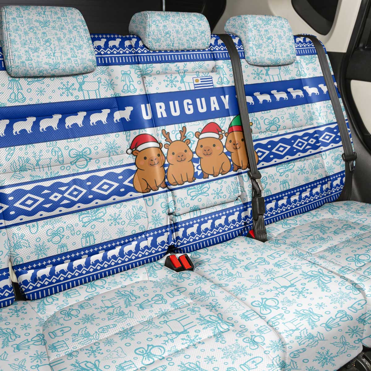 Uruguay Christmas Back Car Seat Cover with Capybaras Holiday Tree Sun Emblem and Blue Festive Pattern - Wonder Print Shop