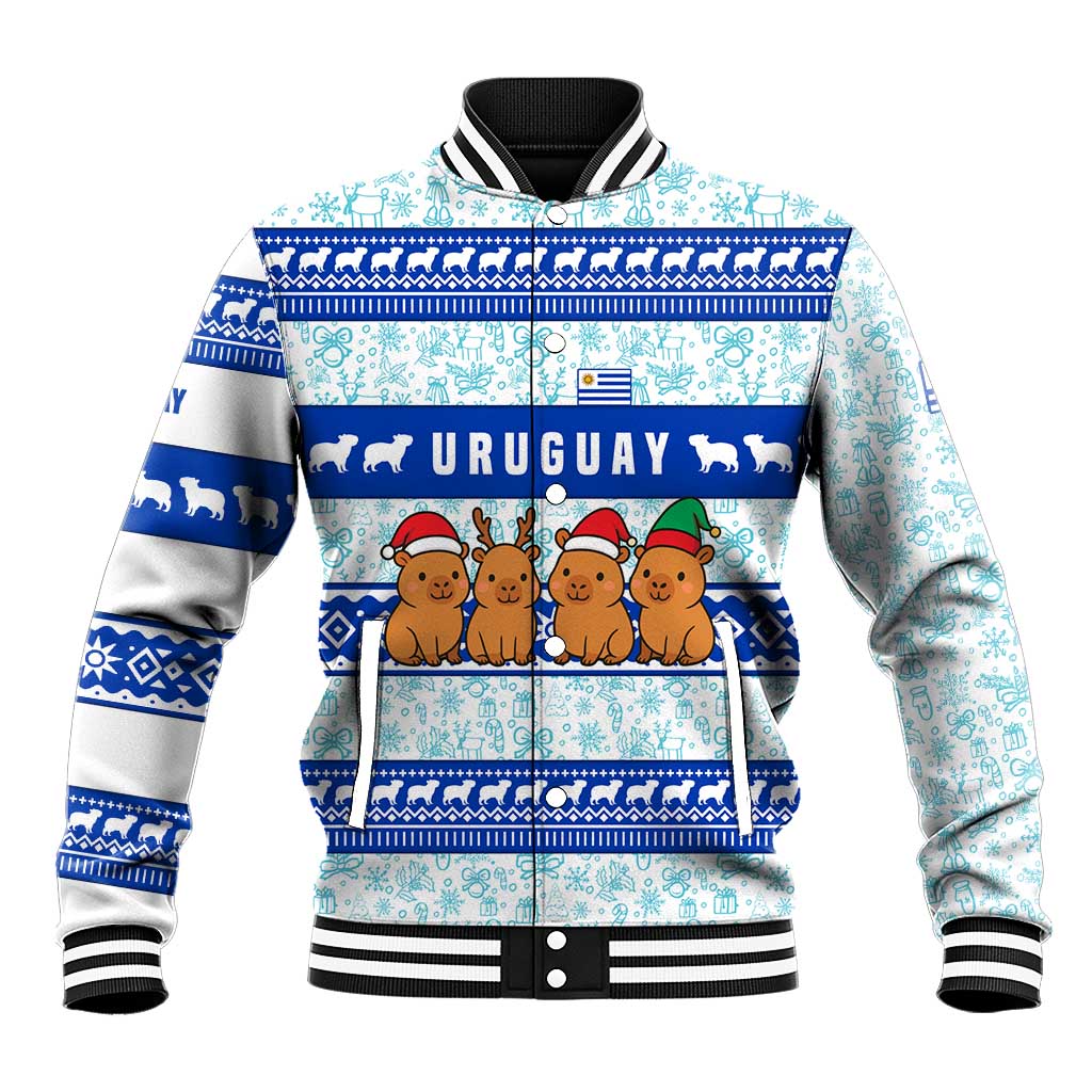 Uruguay Christmas Baseball Jacket with Capybaras Holiday Tree Sun Emblem and Blue Festive Pattern - Wonder Print Shop