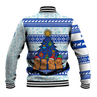 Uruguay Christmas Baseball Jacket with Capybaras Holiday Tree Sun Emblem and Blue Festive Pattern - Wonder Print Shop