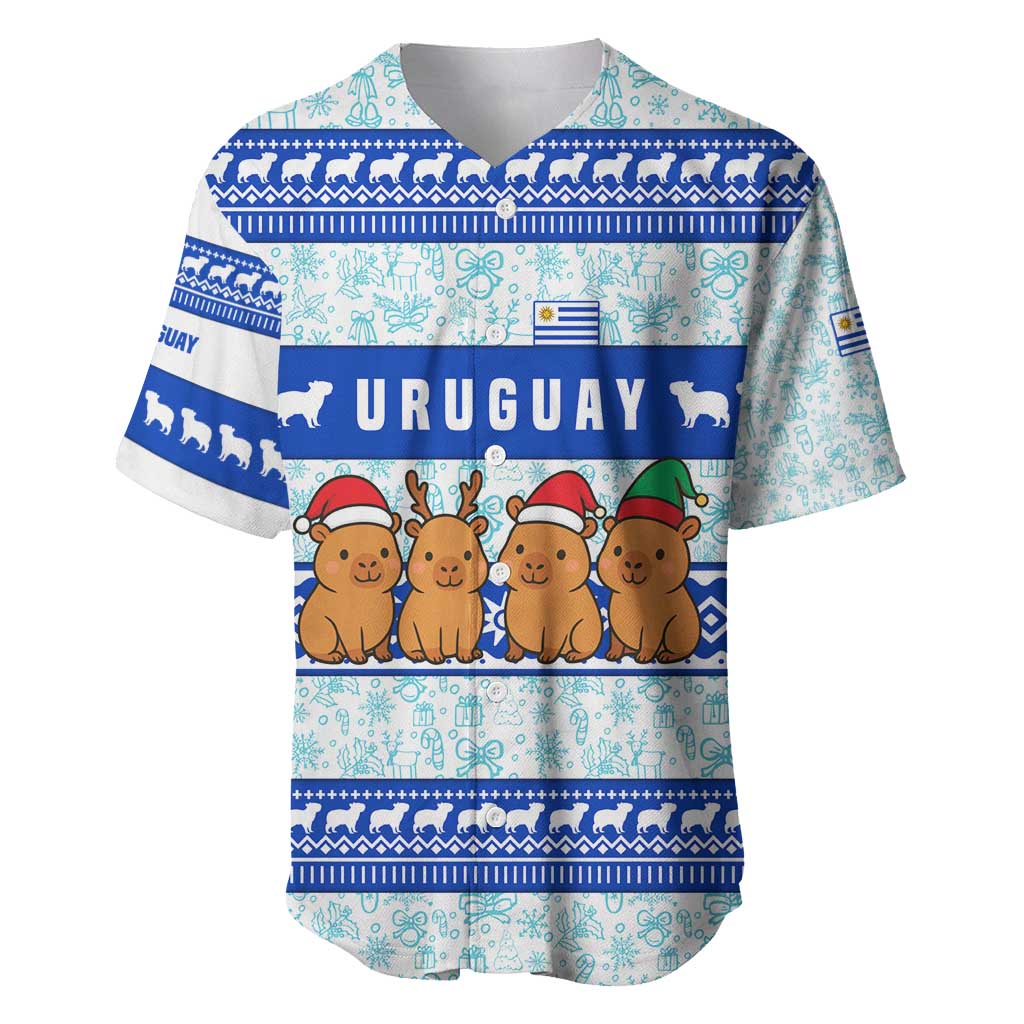 Uruguay Christmas Baseball Jersey with Capybaras Holiday Tree Sun Emblem and Blue Festive Pattern - Wonder Print Shop