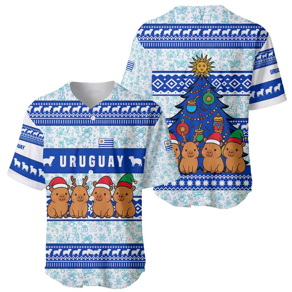 Uruguay Christmas Baseball Jersey with Capybaras Holiday Tree Sun Emblem and Blue Festive Pattern - Wonder Print Shop