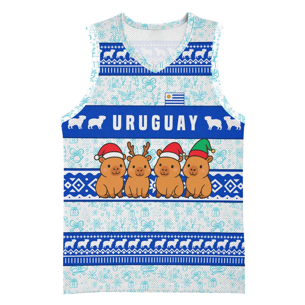 Uruguay Christmas Basketball Jersey with Capybaras Holiday Tree Sun Emblem and Blue Festive Pattern - Wonder Print Shop
