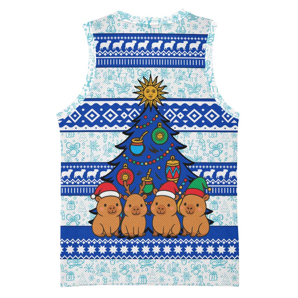 Uruguay Christmas Basketball Jersey with Capybaras Holiday Tree Sun Emblem and Blue Festive Pattern - Wonder Print Shop