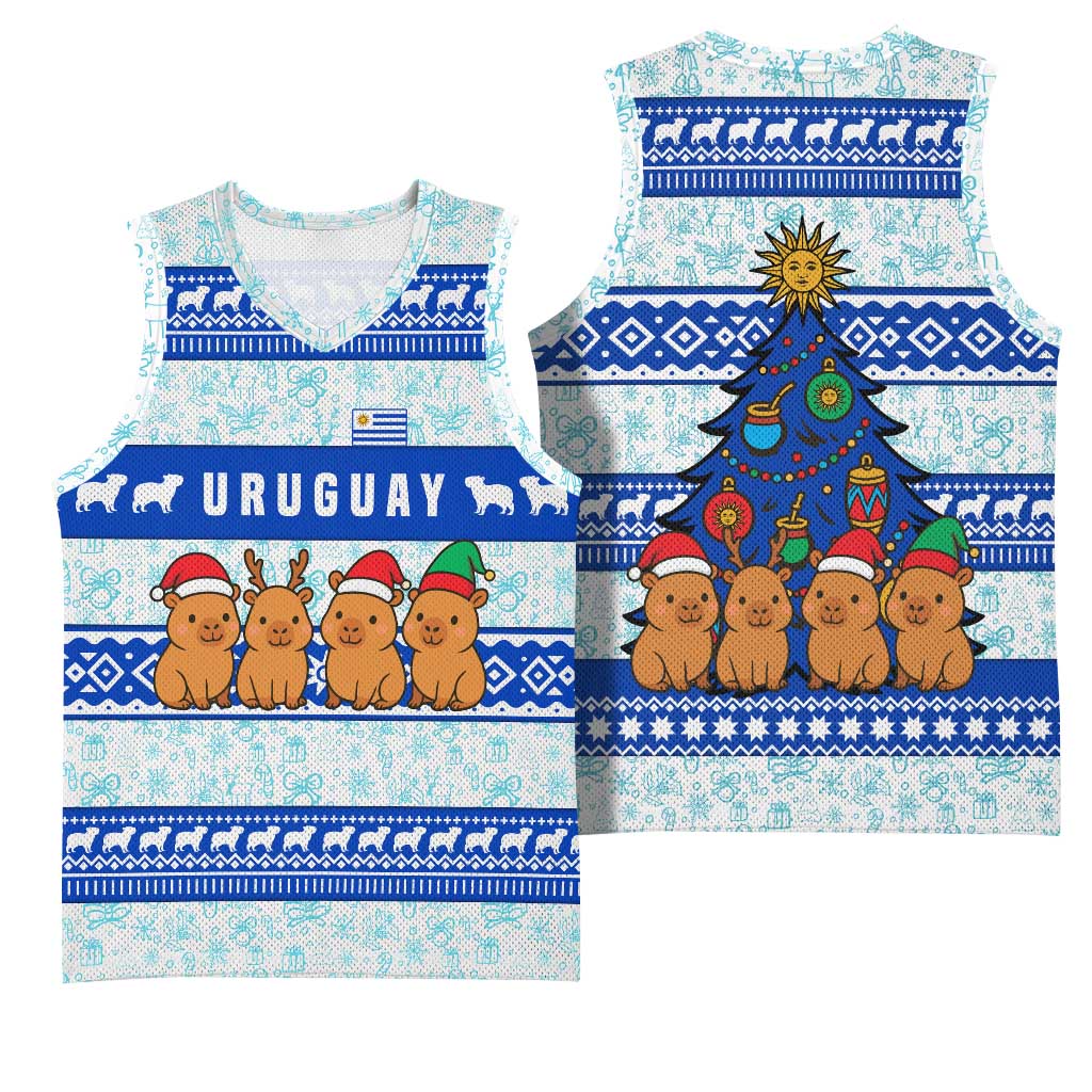 Uruguay Christmas Basketball Jersey with Capybaras Holiday Tree Sun Emblem and Blue Festive Pattern - Wonder Print Shop