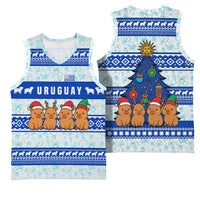 Uruguay Christmas Basketball Jersey with Capybaras Holiday Tree Sun Emblem and Blue Festive Pattern - Wonder Print Shop