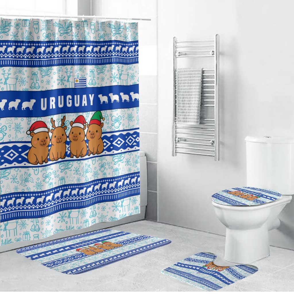 Uruguay Christmas Bathroom Set with Capybaras Holiday Tree Sun Emblem and Blue Festive Pattern - Wonder Print Shop