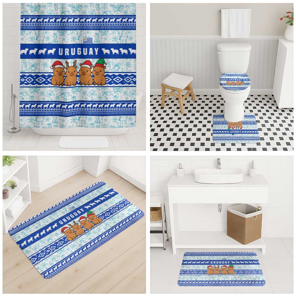Uruguay Christmas Bathroom Set with Capybaras Holiday Tree Sun Emblem and Blue Festive Pattern - Wonder Print Shop
