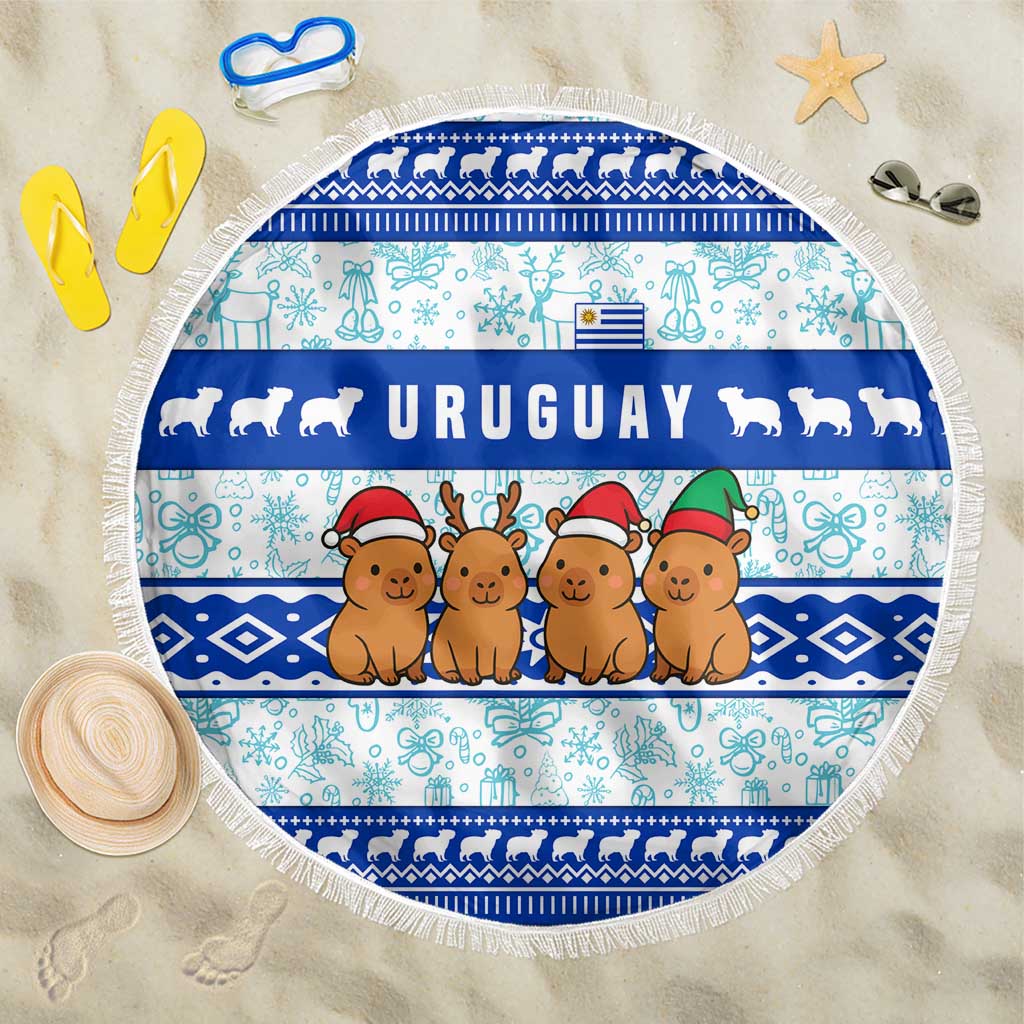 Uruguay Christmas Beach Blanket with Capybaras Holiday Tree Sun Emblem and Blue Festive Pattern - Wonder Print Shop