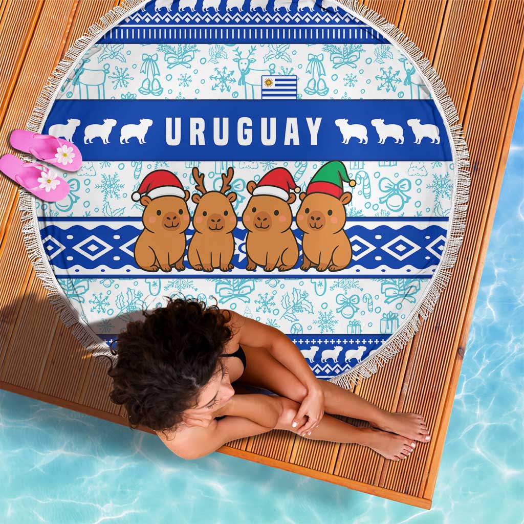 Uruguay Christmas Beach Blanket with Capybaras Holiday Tree Sun Emblem and Blue Festive Pattern - Wonder Print Shop