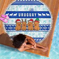 Uruguay Christmas Beach Blanket with Capybaras Holiday Tree Sun Emblem and Blue Festive Pattern - Wonder Print Shop