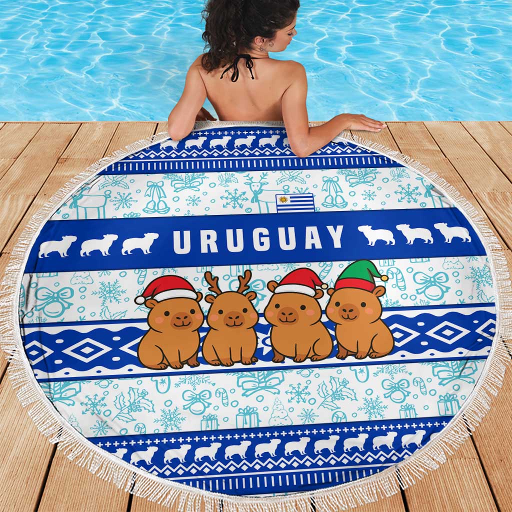 Uruguay Christmas Beach Blanket with Capybaras Holiday Tree Sun Emblem and Blue Festive Pattern - Wonder Print Shop