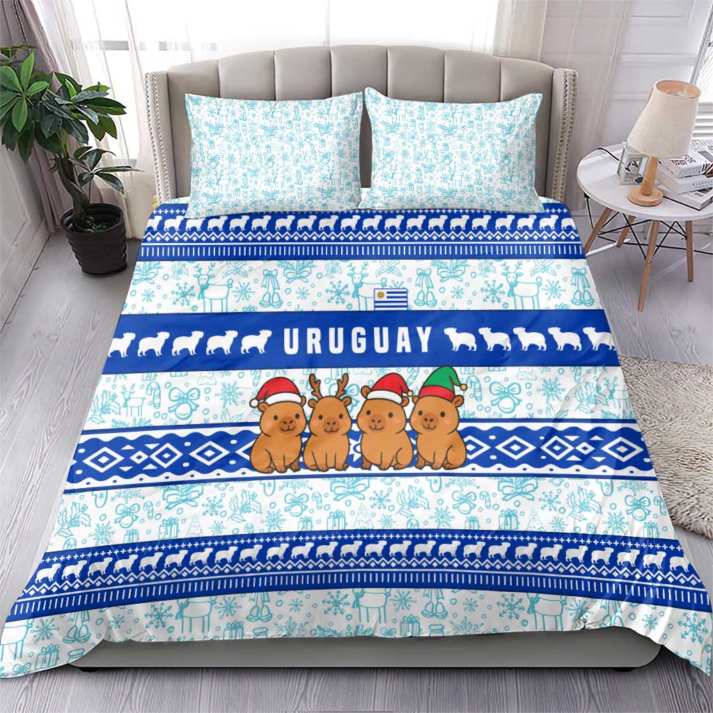 Uruguay Christmas Bedding Set with Capybaras Holiday Tree Sun Emblem and Blue Festive Pattern - Wonder Print Shop