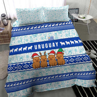 Uruguay Christmas Bedding Set with Capybaras Holiday Tree Sun Emblem and Blue Festive Pattern - Wonder Print Shop