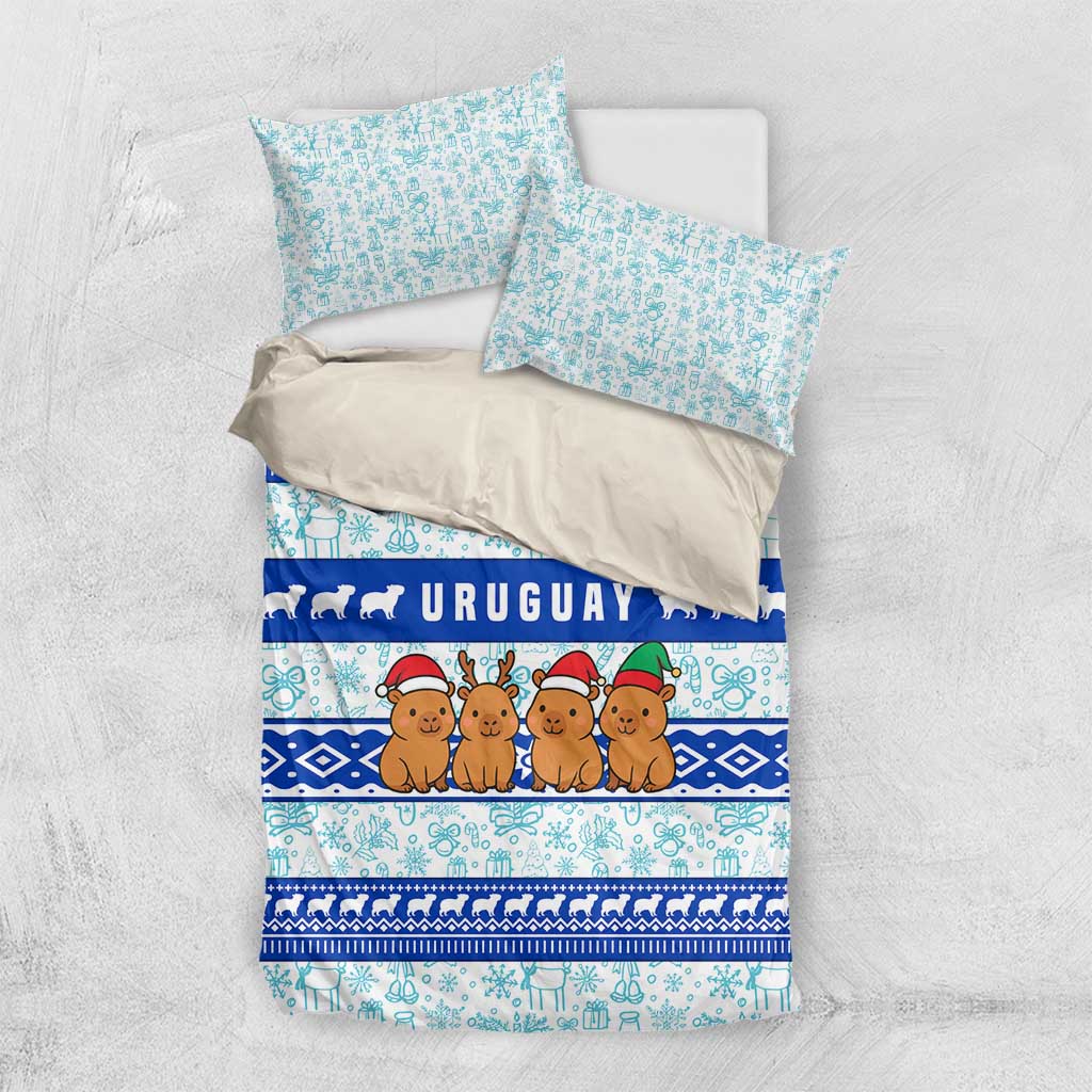 Uruguay Christmas Bedding Set with Capybaras Holiday Tree Sun Emblem and Blue Festive Pattern - Wonder Print Shop