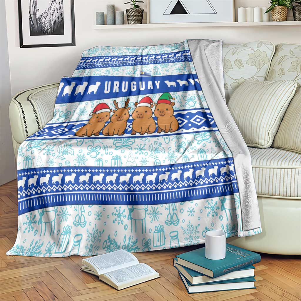 Uruguay Christmas Blanket with Capybaras Holiday Tree Sun Emblem and Blue Festive Pattern - Wonder Print Shop