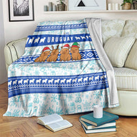 Uruguay Christmas Blanket with Capybaras Holiday Tree Sun Emblem and Blue Festive Pattern - Wonder Print Shop