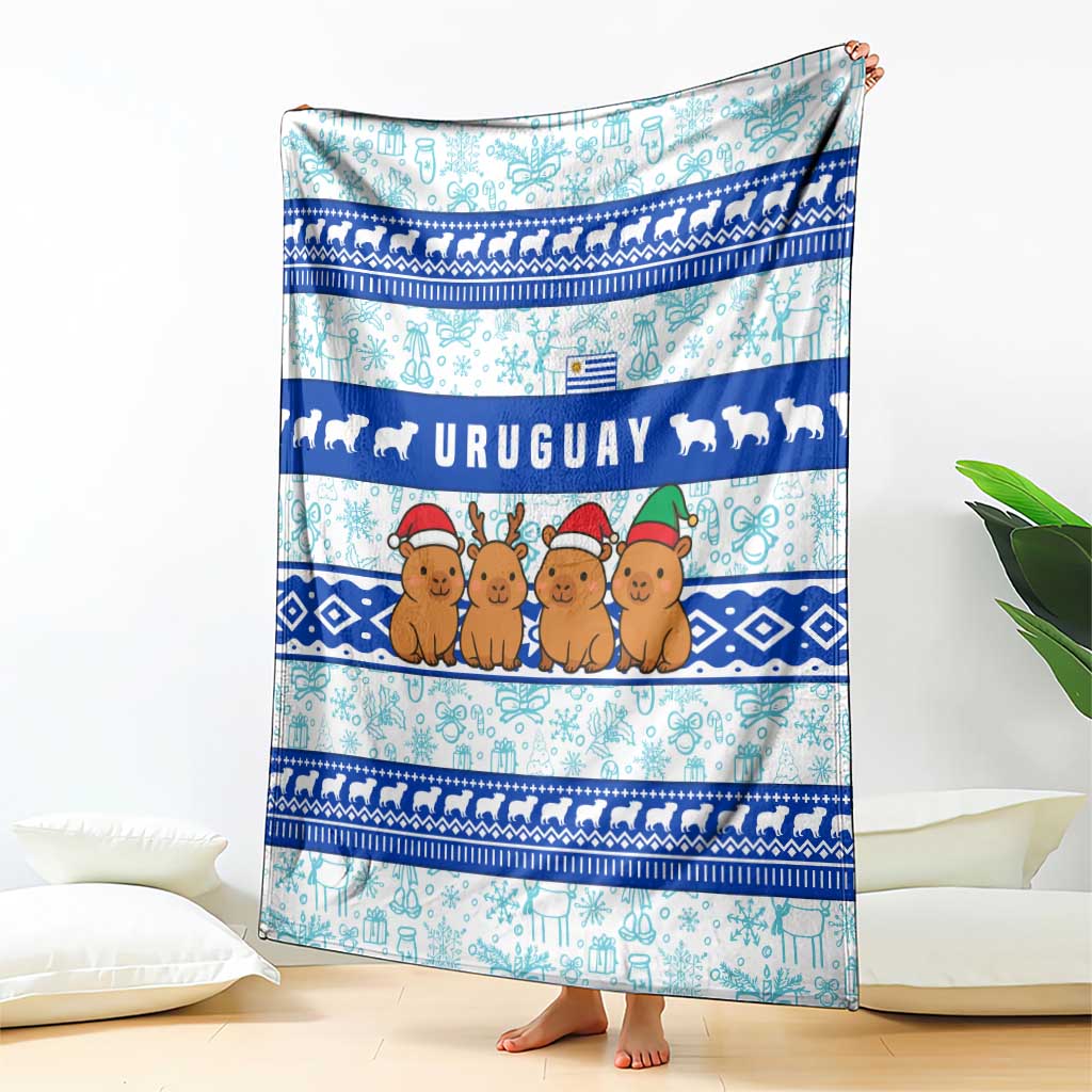 Uruguay Christmas Blanket with Capybaras Holiday Tree Sun Emblem and Blue Festive Pattern - Wonder Print Shop