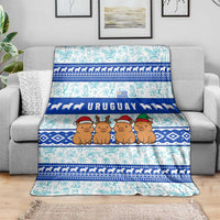 Uruguay Christmas Blanket with Capybaras Holiday Tree Sun Emblem and Blue Festive Pattern - Wonder Print Shop