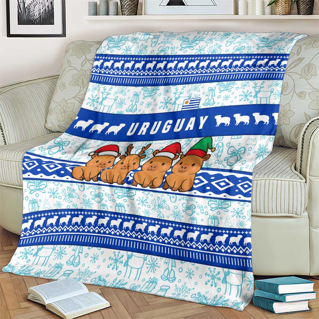 Uruguay Christmas Blanket with Capybaras Holiday Tree Sun Emblem and Blue Festive Pattern - Wonder Print Shop