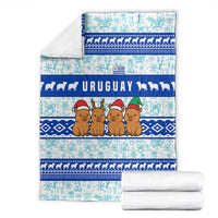 Uruguay Christmas Blanket with Capybaras Holiday Tree Sun Emblem and Blue Festive Pattern - Wonder Print Shop
