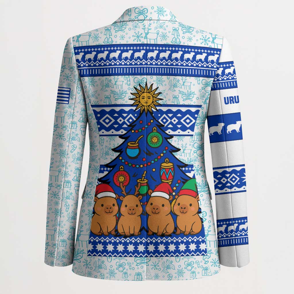 Uruguay Christmas Blazer with Capybaras Holiday Tree Sun Emblem and Blue Festive Pattern - Wonder Print Shop