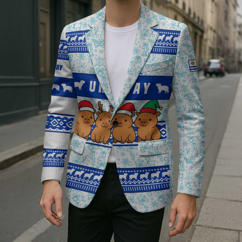 Uruguay Christmas Blazer with Capybaras Holiday Tree Sun Emblem and Blue Festive Pattern - Wonder Print Shop