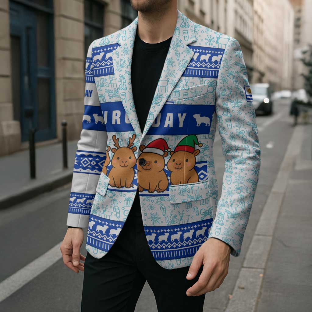 Uruguay Christmas Blazer with Capybaras Holiday Tree Sun Emblem and Blue Festive Pattern - Wonder Print Shop