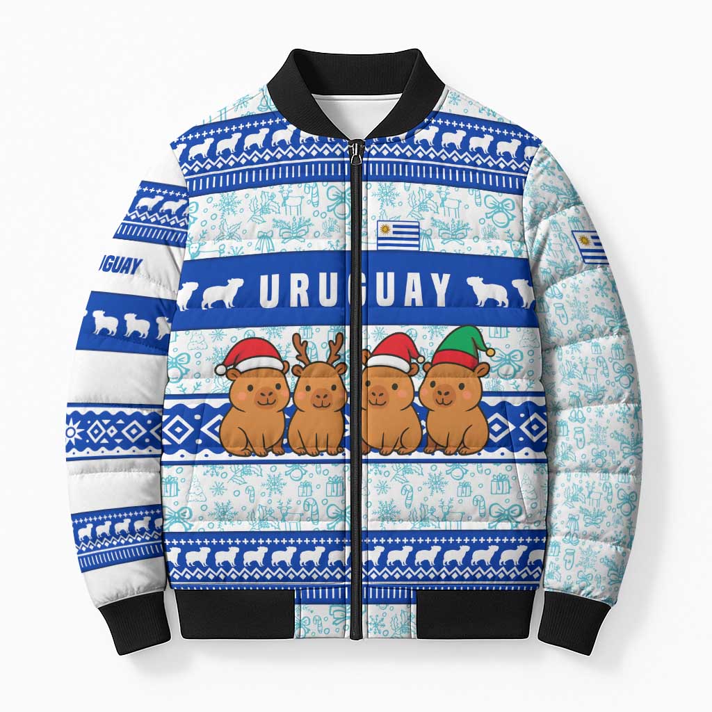 Uruguay Christmas Bomber Puffer Jacket with Capybaras Holiday Tree Sun Emblem and Blue Festive Pattern - Wonder Print Shop