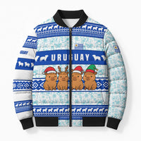 Uruguay Christmas Bomber Puffer Jacket with Capybaras Holiday Tree Sun Emblem and Blue Festive Pattern - Wonder Print Shop