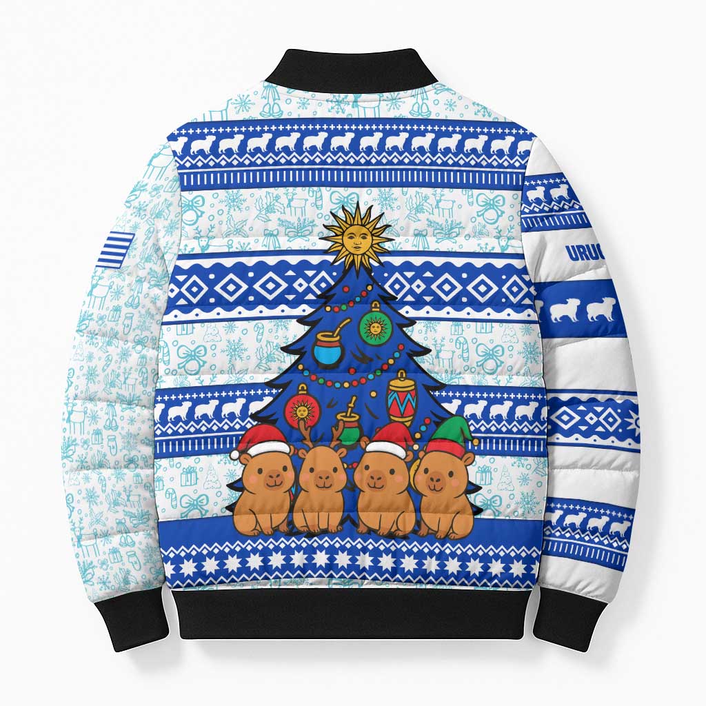 Uruguay Christmas Bomber Puffer Jacket with Capybaras Holiday Tree Sun Emblem and Blue Festive Pattern - Wonder Print Shop