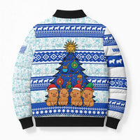 Uruguay Christmas Bomber Puffer Jacket with Capybaras Holiday Tree Sun Emblem and Blue Festive Pattern - Wonder Print Shop